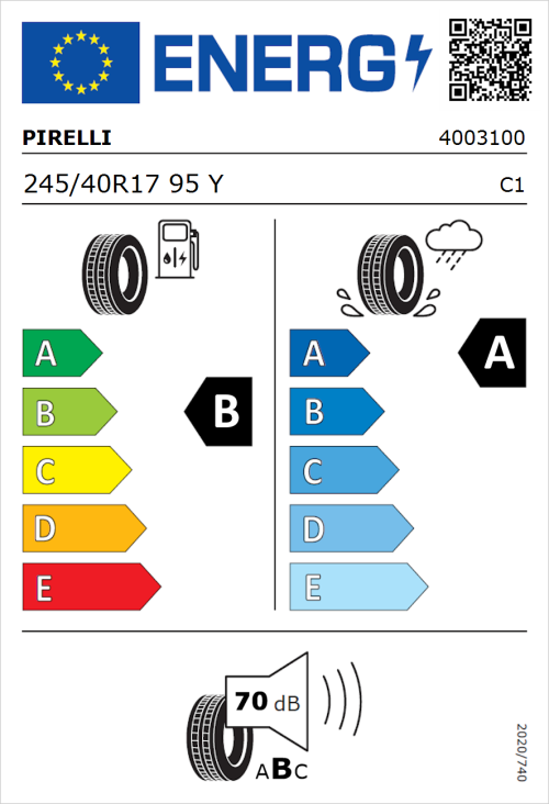 Tyre Label for Pirelli Powergy 245/40R17 95Y